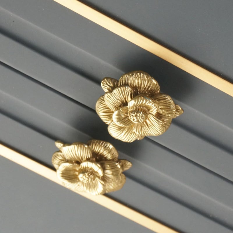 Brass Copper Flower Drawer Pulls Cabinet Knobs Wardrobe Handles Furniture Hardware - Image 5