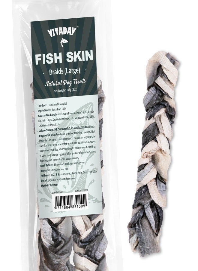 VITADAY Dog Jerky, 100% Fish Skin Dog Treats, Tough Grain-Free Rawhide Alternative, Natural Dog Jerky Treats for, Rich in Collagen & Omega-3, Low Fat, Hypoallergenic, 3 oz Pack, Braids (L) - Image 1