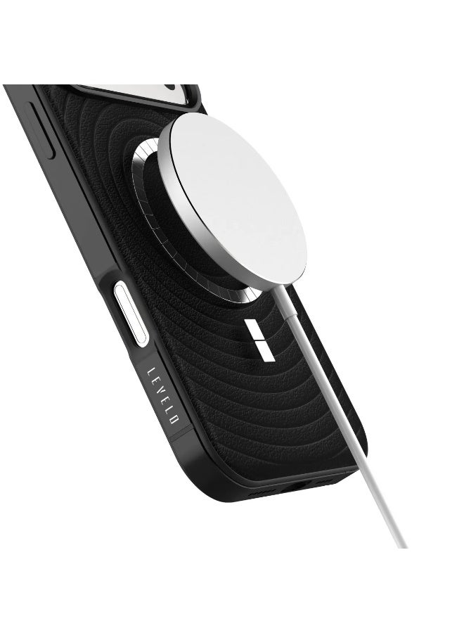 LEVELO iPhone 17 Pro Spirale Case / Strong Magnets / Leather Texture / Spiral-Pattern Design / Aluminum Alloy Frame for Camera & Edges - Phantom Black - Image 2