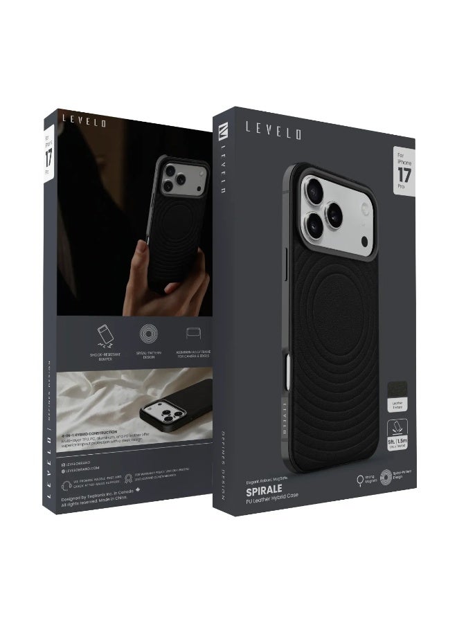 LEVELO iPhone 17 Pro Spirale Case / Strong Magnets / Leather Texture / Spiral-Pattern Design / Aluminum Alloy Frame for Camera & Edges - Phantom Black - Image 3