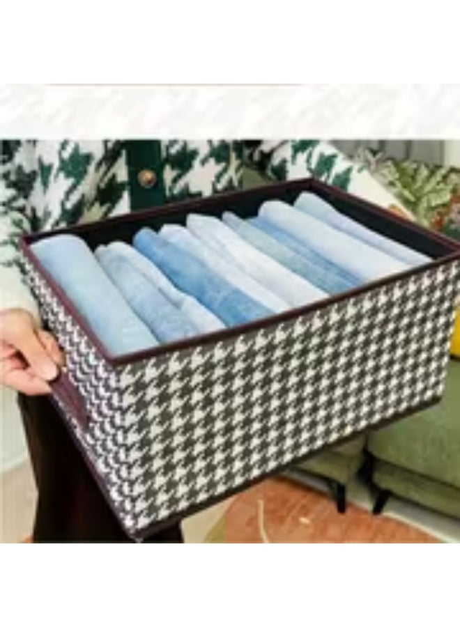 erorex 4pcs Black & White Houndstooth Fabric Storage Boxes with Brown Frame-like Edges - Foldable Heavy-Duty Canvas-Like Wardrobe Organizers, Space-Saving Collapsible Bins for Clothes, Blankets, Seasonal Items - Sturdy Stackable Home Organization - Image 5