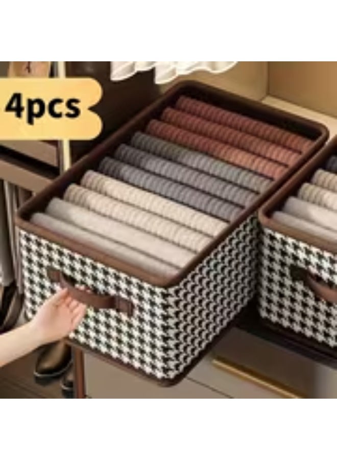 erorex 4pcs Black & White Houndstooth Fabric Storage Boxes with Brown Frame-like Edges - Foldable Heavy-Duty Canvas-Like Wardrobe Organizers, Space-Saving Collapsible Bins for Clothes, Blankets, Seasonal Items - Sturdy Stackable Home Organization - Image 1