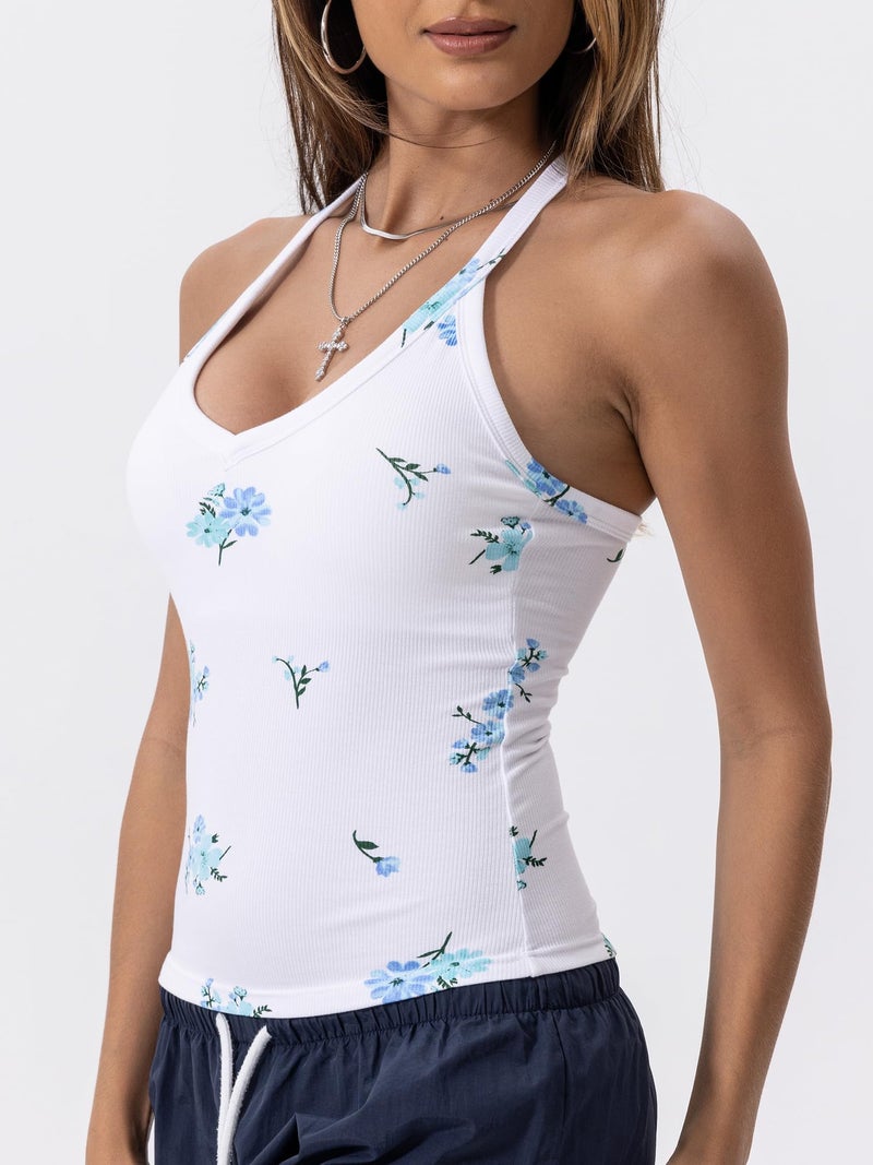 Danysu V Neck Racerback Tank Top for Women with Built in Bra Ribbed Long Tank Fitted Basic Cami Tops Floral Forget-me-not Blue S - Image 2