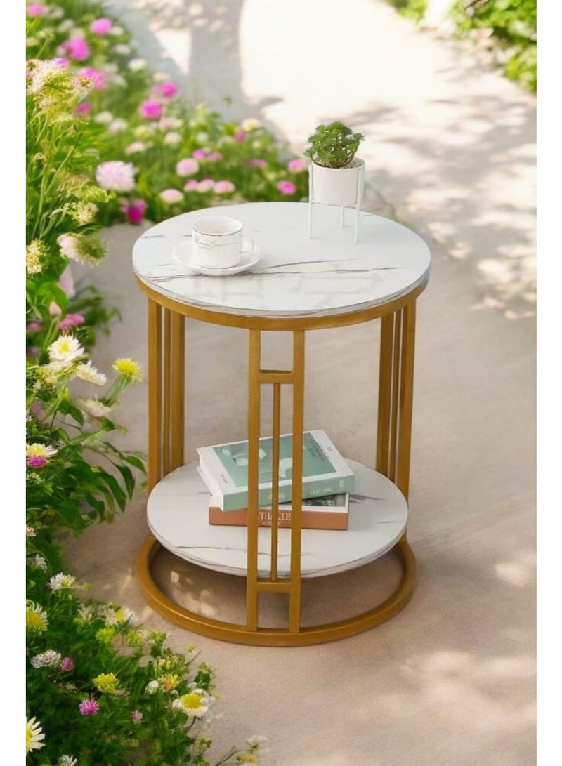 DubaiGallery Premium Quality Marble Side Table with Gold Frame, Contemporary Two Tier Accent Table for Bedroom, Living Room, Sofa Side, Elegant Home Furniture Design - Image 1