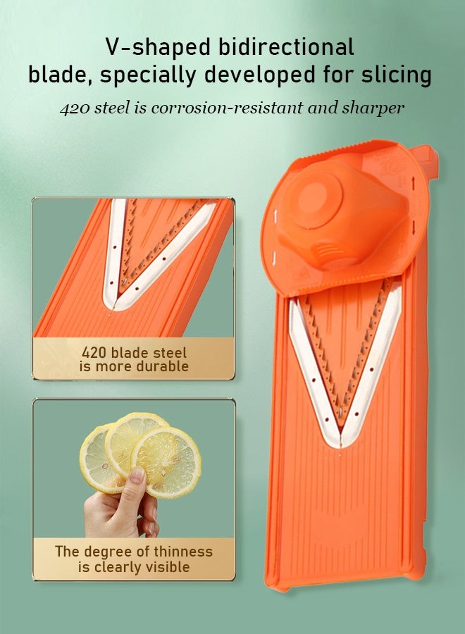 مقطعة الخضروات وأداة الكشط - مقطعة متعددة الوظائف من الفولاذ المقاوم للصدأ مع شفرتين قابلتين للتبديل (للتقطيع/الشرائح/التقطيع) - حارس اليد المضاد للانزلاق - Image 1