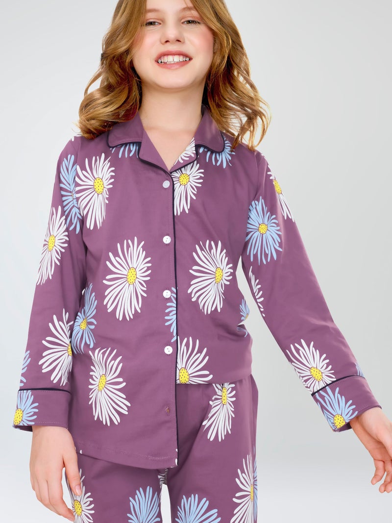 ZEYO Night Suit for Girl's Mauve Floral Printed Cotton Night Dress of Shirt and Pajama Set 5538 - Image 2