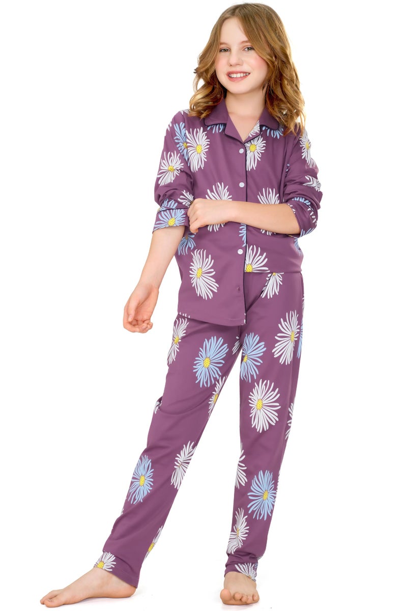 ZEYO Night Suit for Girl's Mauve Floral Printed Cotton Night Dress of Shirt and Pajama Set 5538 - Image 1