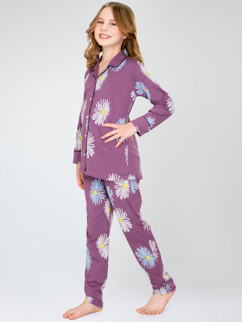 ZEYO Night Suit for Girl's Mauve Floral Printed Cotton Night Dress of Shirt and Pajama Set 5538 - Image 4