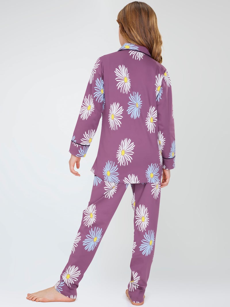 ZEYO Night Suit for Girl's Mauve Floral Printed Cotton Night Dress of Shirt and Pajama Set 5538 - Image 5