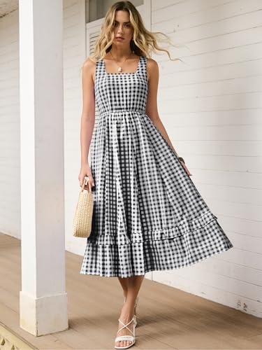 Caracilia Womens Summer Casual Gingham Plaid Midi Dress Sleeveless Square Neck Flowy Beach Vacation Sundress with Pockets Black White Plaid Medium - Image 3