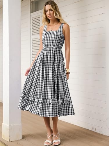 Caracilia Womens Summer Casual Gingham Plaid Midi Dress Sleeveless Square Neck Flowy Beach Vacation Sundress with Pockets Black White Plaid Medium - Image 4