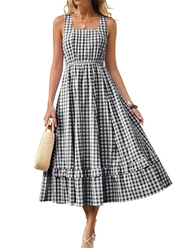 Caracilia Womens Summer Casual Gingham Plaid Midi Dress Sleeveless Square Neck Flowy Beach Vacation Sundress with Pockets Black White Plaid Medium - Image 1