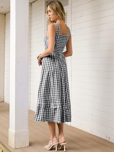 Caracilia Womens Summer Casual Gingham Plaid Midi Dress Sleeveless Square Neck Flowy Beach Vacation Sundress with Pockets Black White Plaid Medium - Image 5