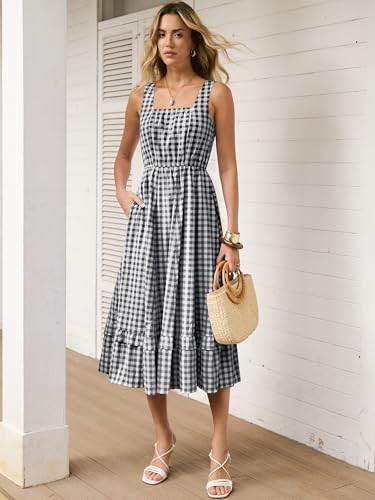 Caracilia Womens Summer Casual Gingham Plaid Midi Dress Sleeveless Square Neck Flowy Beach Vacation Sundress with Pockets Black White Plaid Medium - Image 2