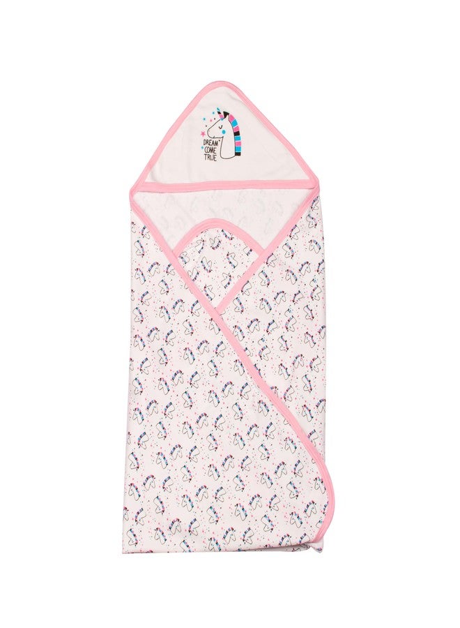 mittenbooty Baby Hooded Wrap Single Ply -Unicorn Print-Pink - Image 1