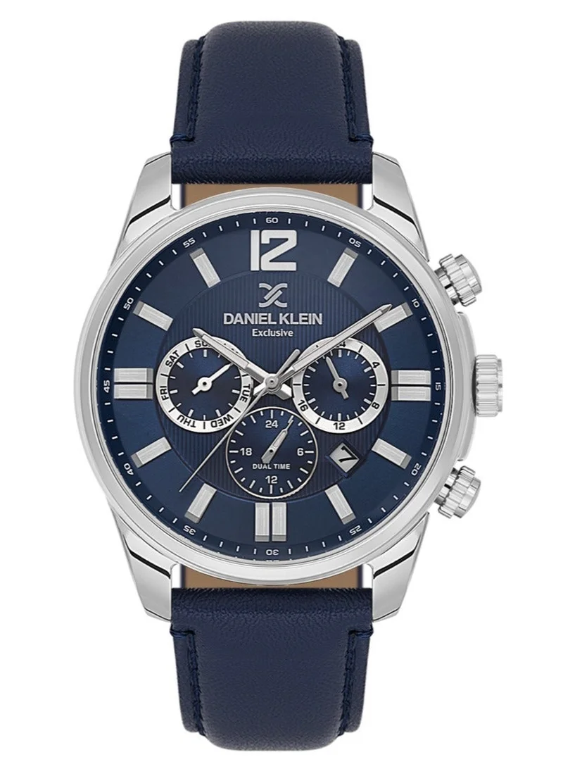 DANIEL KLEIN Men's Leather Silver Alloy Case Analog Dark Blue Round Emboss Dial Japanese Quartz Exclusive 50 Meters Water Resistant