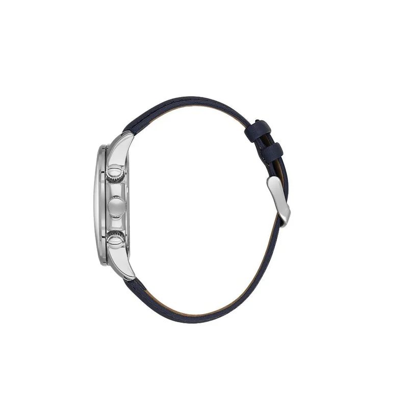 DANIEL KLEIN Men's Leather Silver Alloy Case Analog Dark Blue Round Emboss Dial Japanese Quartz Exclusive 50 Meters Water Resistant