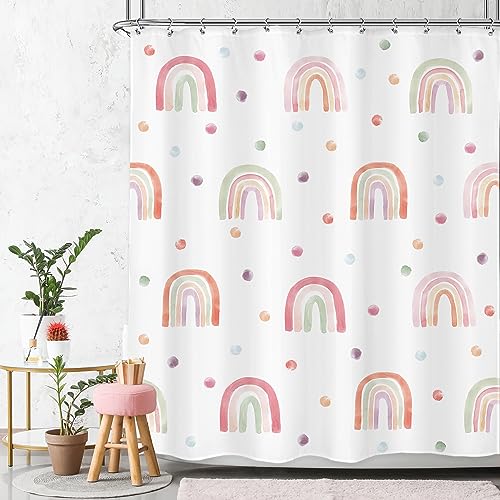 Ufeela Kids Rainbow Shower Curtain for Girls Boho Pink Polka Dot Shower Curtain Cute Girly Toddler Nursery Child Bathroom Set Modern Minimalist Aesthetic Curtain Bathtub Accessories Decor 60Wx72L