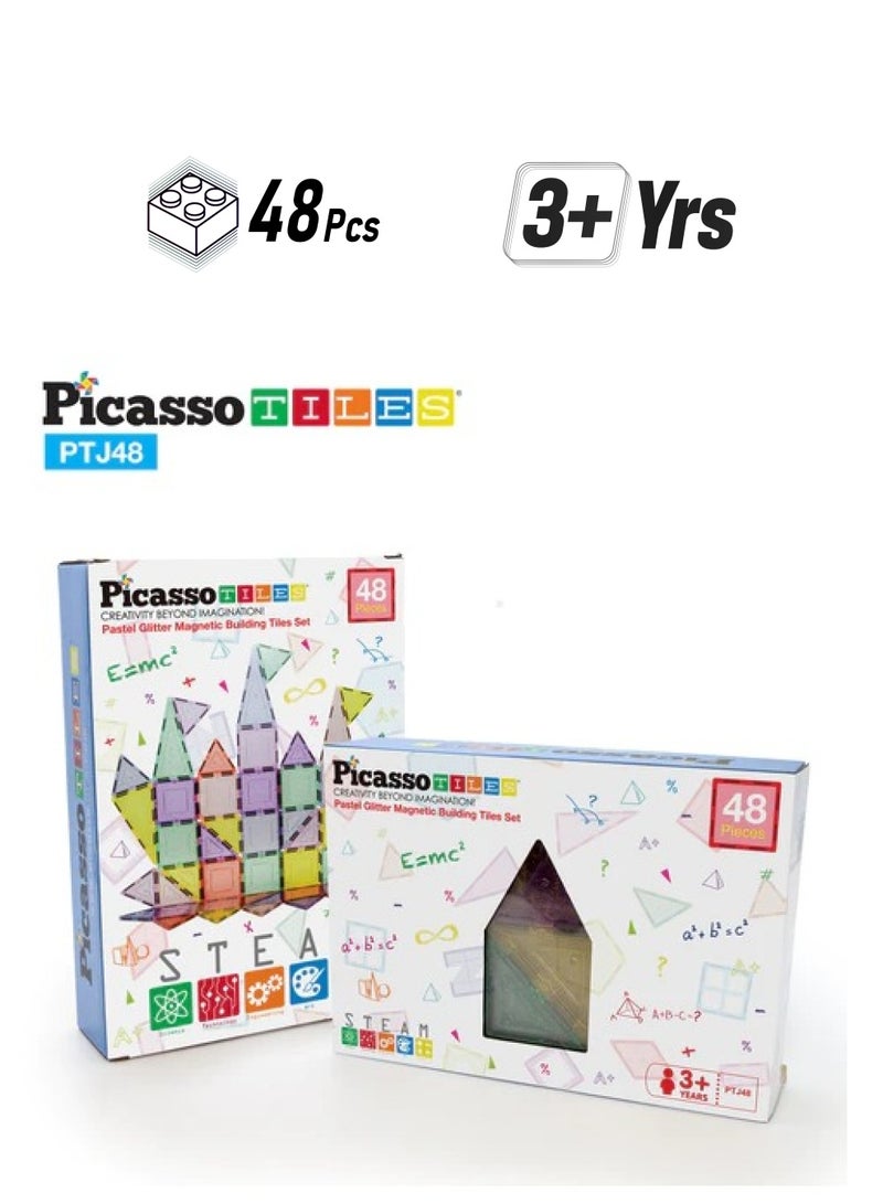 PicassoTiles Magnetic Pastel Glitter 48-Pieces, Building Blocks, Educational Toy Set, Construction Building Kit For Child Brain Development  - Image 1