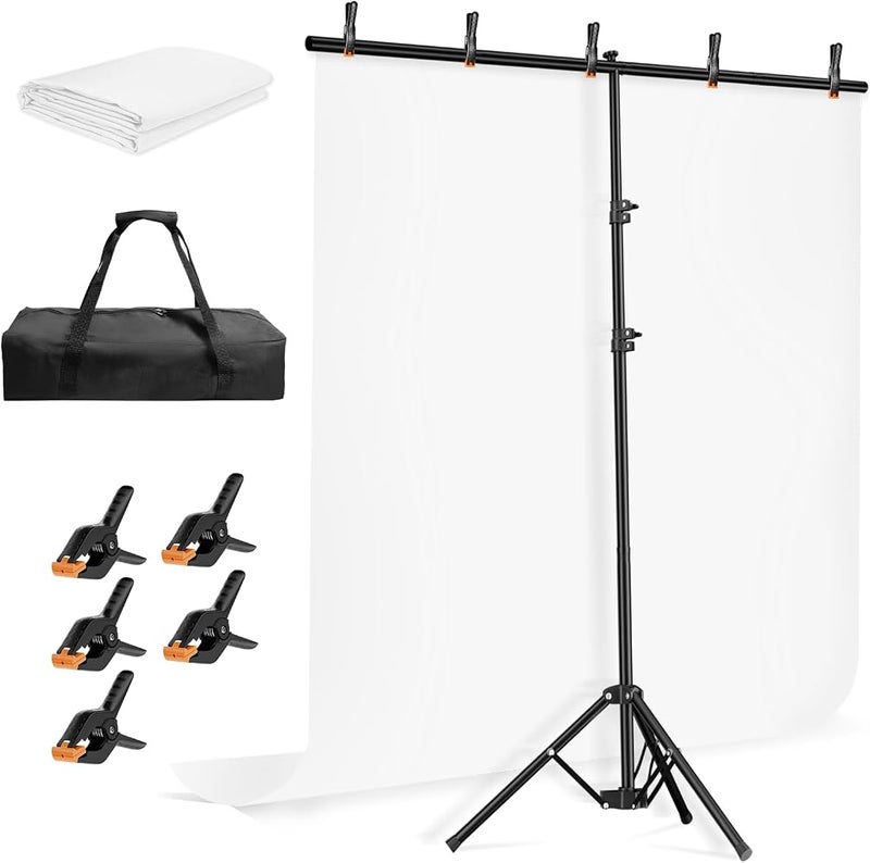 EMART 5 * 6.5ft White Photo Backdrop Stand Kit with T-Shape Stand - Image 1