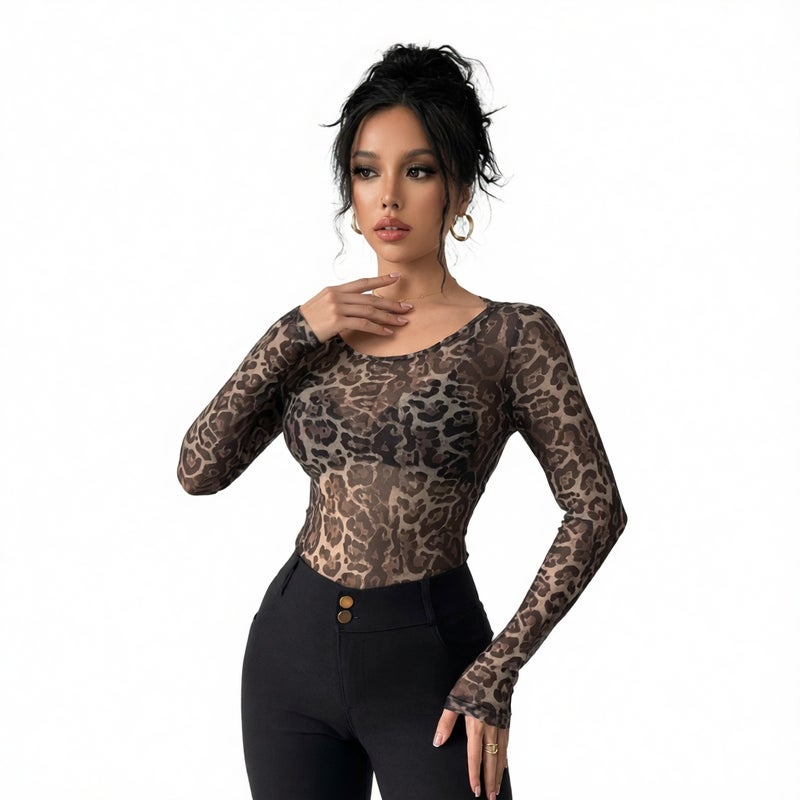 Women Sheer Leopard Mesh Round Neck Long Sleeve Slim Fit T-Shirt