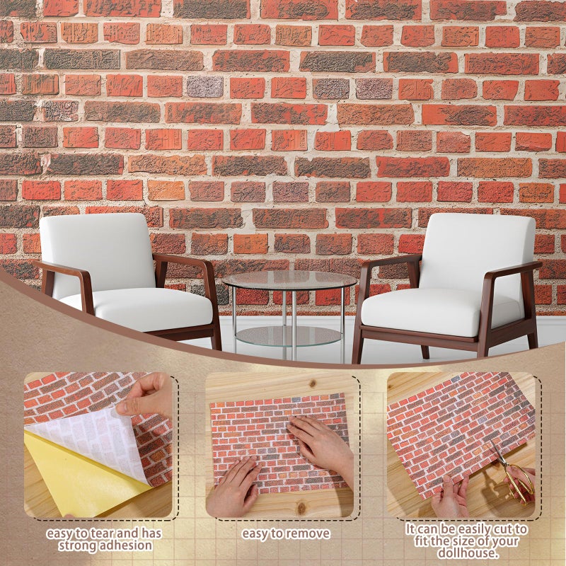 Flutesan 3 Pcs Miniature Dollhouse Wallpaper and Flooring Peel and Stick 1:12 Scale Self Adhesive Doll House Wallpaper DIY Mini Dollhouse Accessories 8.27 x 11.69 Inch(Brick Wall) - Image 3
