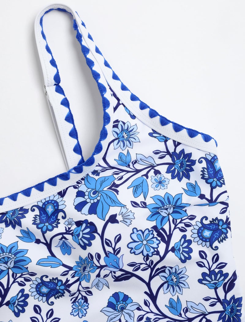 ZAFUL Tankini Swimsuit Tummy Control Bathing Suits Two Piece Swim Top with High Waisted Bottom Shell Stitch Swim Suits 2025 Blue Floral XL - Image 5