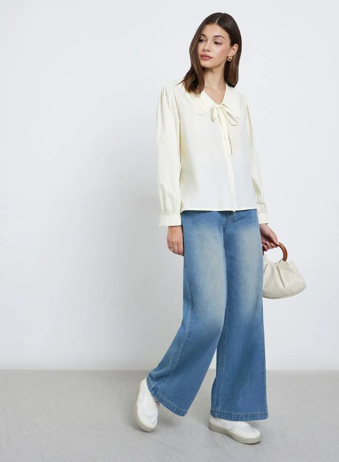 Styli Women Yellow Lace Detail Long Sleeve Shirt with Tie-Up Detail