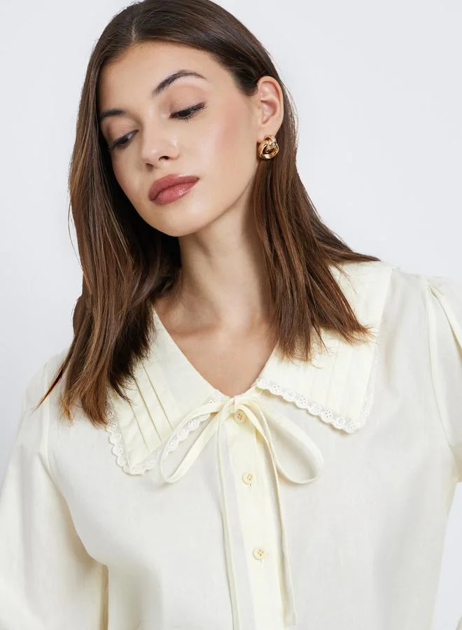 Styli Women Yellow Lace Detail Long Sleeve Shirt with Tie-Up Detail