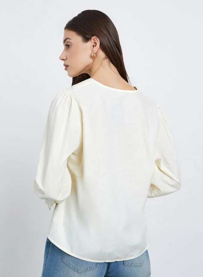 Styli Women Yellow Lace Detail Long Sleeve Shirt with Tie-Up Detail