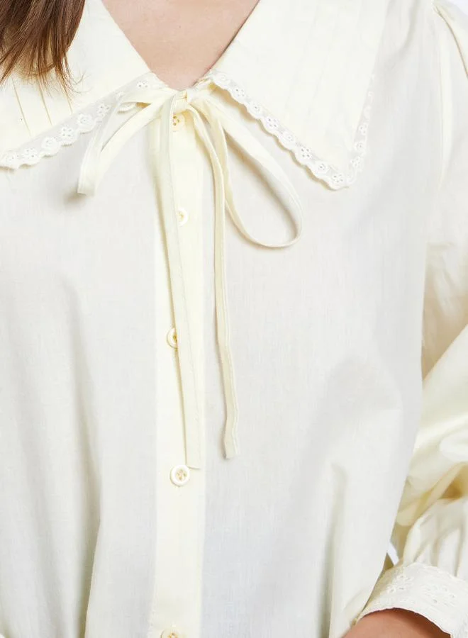 Styli Women Yellow Lace Detail Long Sleeve Shirt with Tie-Up Detail