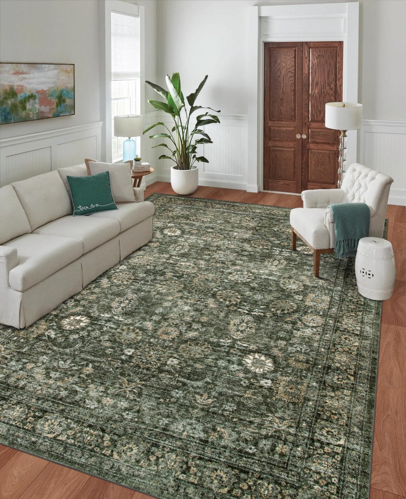 Morebes Vintage Dark Green Living Room Rug, 9x12 Area Rug Large Washable Rugs for Bedroom, Soft Dining Room Carpet Non-Slip Non-Shedding Throw Rug for Farmhouse Indoor Kids Playroom - Image 1