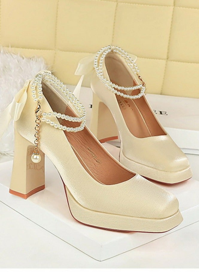 بيج تري المرأة الساتان منصة سمينة الكعب العالي مربع مغلق إصبع القدم مضخات الشمبانيا 9CM - Image 2