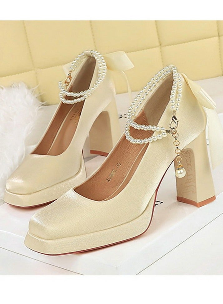 بيج تري المرأة الساتان منصة سمينة الكعب العالي مربع مغلق إصبع القدم مضخات الشمبانيا 9CM - Image 1