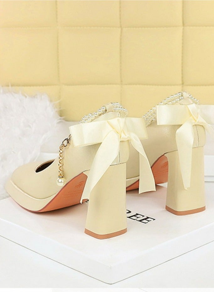 بيج تري المرأة الساتان منصة سمينة الكعب العالي مربع مغلق إصبع القدم مضخات الشمبانيا 9CM - Image 3