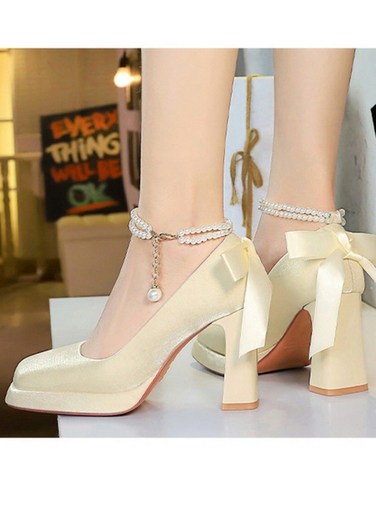 بيج تري المرأة الساتان منصة سمينة الكعب العالي مربع مغلق إصبع القدم مضخات الشمبانيا 9CM - Image 4