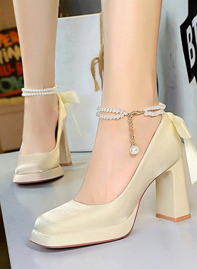 بيج تري المرأة الساتان منصة سمينة الكعب العالي مربع مغلق إصبع القدم مضخات الشمبانيا 9CM - Image 5