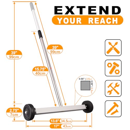 Toolwiz 17" Rolling Magnetic Sweeper 8.8lbs, with 16 lbs Telescopic Magnetic Pick Up tools –Lightweight Pick-up Sweeper with Wheels for Nails, Screws & Metal Debris Home Use Workshop Garage - Image 3