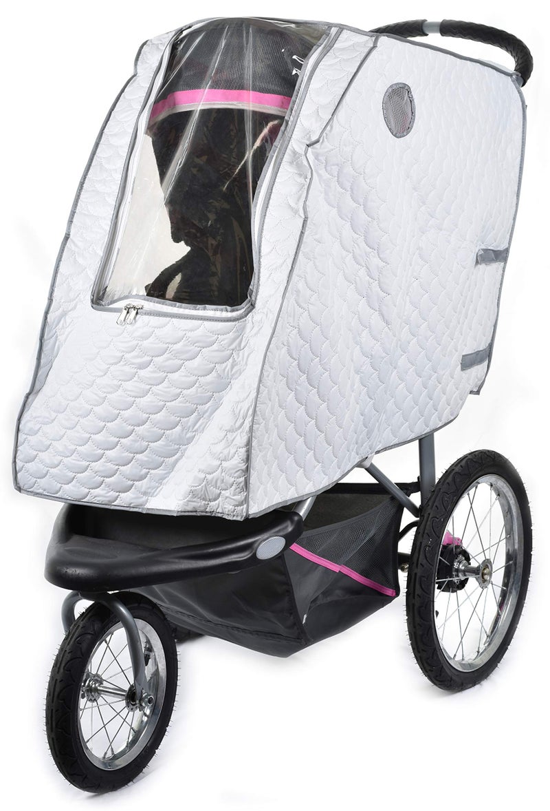 Masirs Baby Stroller Rain Cover Universal Size Provides Extra Warmth Shields Child from Wind Rain Mesh Material for Ventilation Reflective Trimming for Night Visibility White Quilted