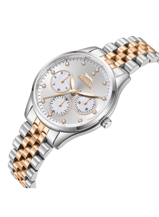 سلازنجر ساعة نسائية متعددة الوظائف بسوار معدني فضيذهبي وردي - Image 4