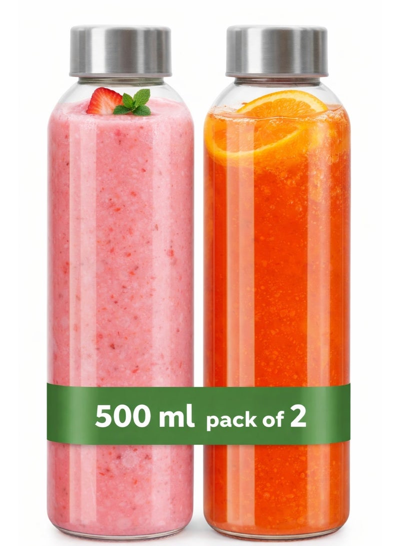 Luxoraq Glass Juice Bottles 500ml with Stainless Steel Lids – Reusable Borosilicate Water Bottles for Fresh Juice, Smoothies, Milk, Kombucha, Infused Water – BPA-Free Empty Bottles for Travel (Pack of 2) - Image 1