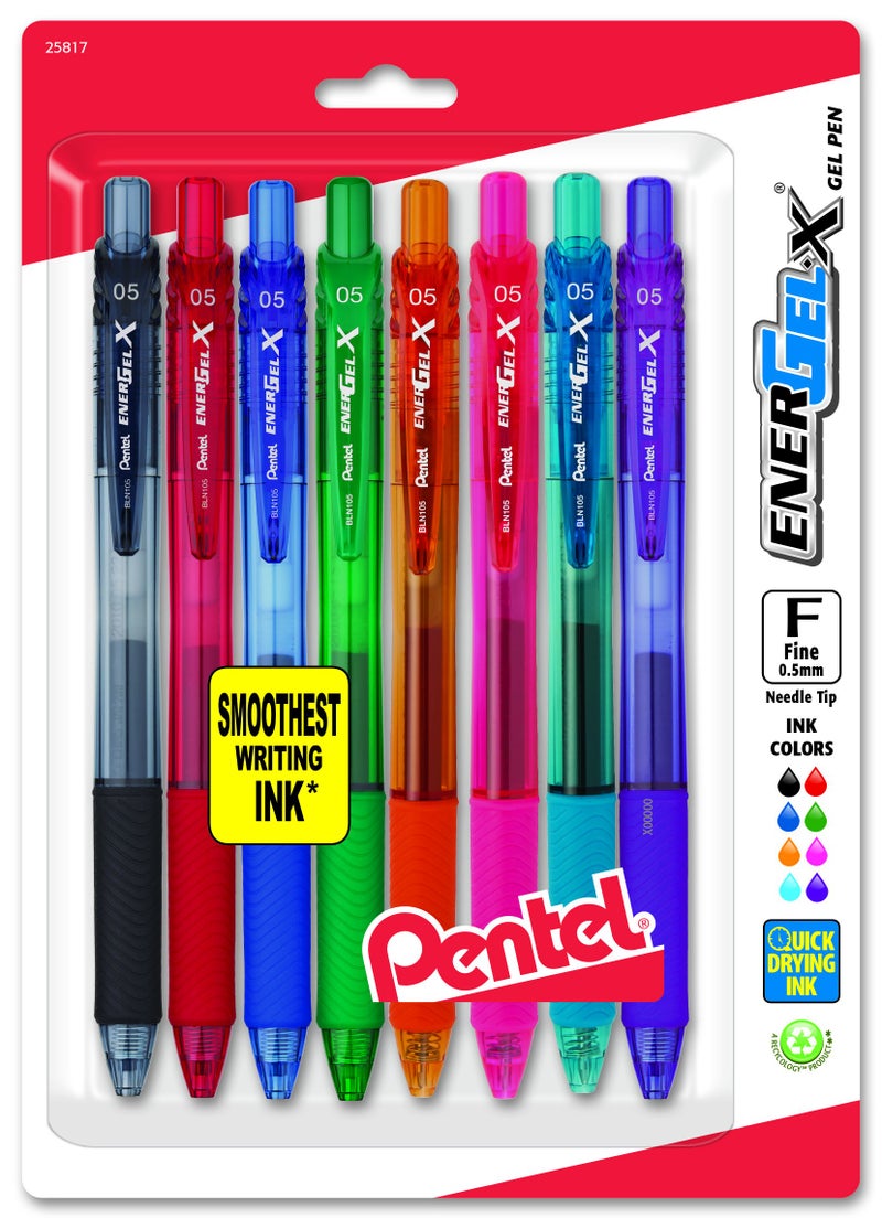 Pentel قلم جل سائل قابل للسحب من بنتل إنرجل-إكس، 0.5 مم، طرف إبرة، حبر متنوع، عبوة من 8 (BLN105BP8M) - Image 1