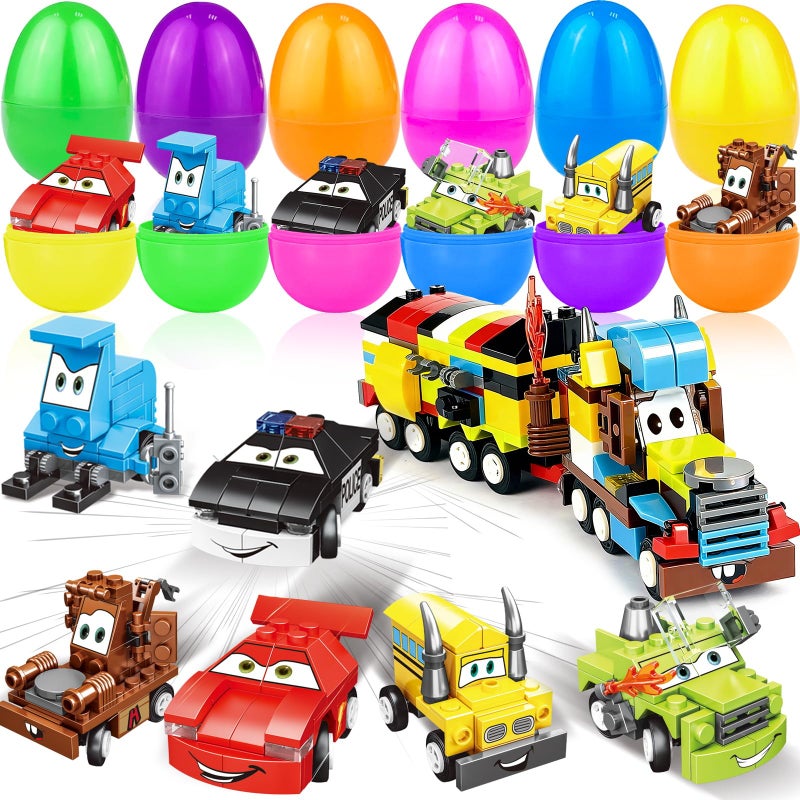 AMENON 12 Pack 3 Large Filled Easter Eggs with Stem Toy Cars Kids Easter Basket Essential Plastic Surprise Egg Building Blocks 6 in 1 Transform Construction Vehicle Basket Stuffers Boy Egg Hunt Party Favor - Image 3