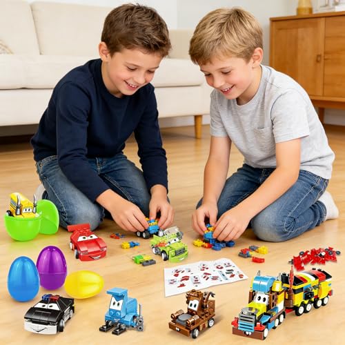 AMENON 12 Pack 3 Large Filled Easter Eggs with Stem Toy Cars Kids Easter Basket Essential Plastic Surprise Egg Building Blocks 6 in 1 Transform Construction Vehicle Basket Stuffers Boy Egg Hunt Party Favor - Image 5