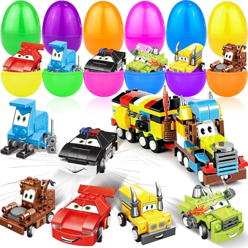 AMENON 12 Pack 3 Large Filled Easter Eggs with Stem Toy Cars Kids Easter Basket Essential Plastic Surprise Egg Building Blocks 6 in 1 Transform Construction Vehicle Basket Stuffers Boy Egg Hunt Party Favor - Image 1
