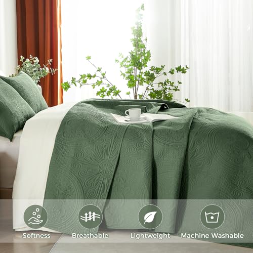 WURUIBO King/Cal King Quilt Set Olive Green,Ultrasonic Embossed Bedspread, Lightweight Microfiber Coverlet, Modern Thin Bedding Set for All Season, 3 Piece(1 Quilt,2 Pillow Shams) - Image 4