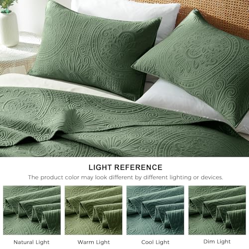 WURUIBO King/Cal King Quilt Set Olive Green,Ultrasonic Embossed Bedspread, Lightweight Microfiber Coverlet, Modern Thin Bedding Set for All Season, 3 Piece(1 Quilt,2 Pillow Shams) - Image 5