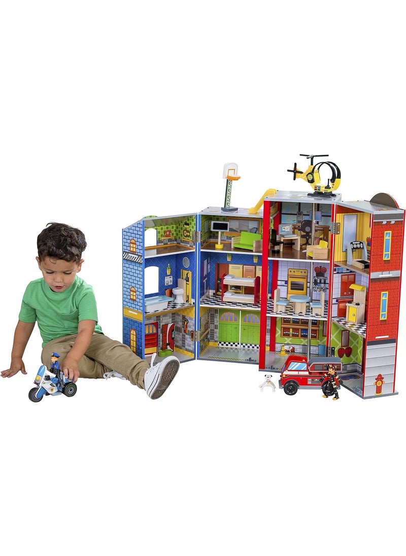 KidKraft KidKraft Everyday Heroes Wooden Playset 3Story with 26Piece Accessories Foldable for Storage  - Image 1
