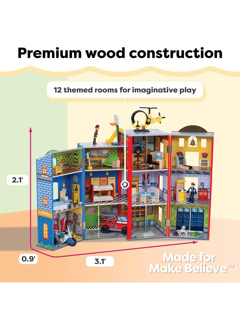 KidKraft KidKraft Everyday Heroes Wooden Playset 3Story with 26Piece Accessories Foldable for Storage  - Image 2
