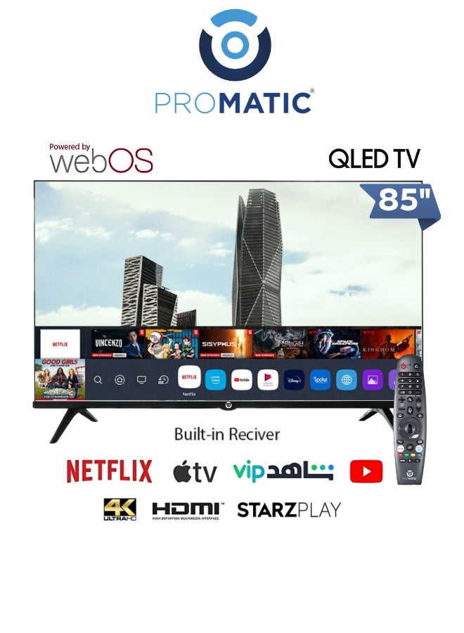 بروماتيك شاشة بروماتيك 85 بوصة QLED بدقة 4K سمارت WebOS موديل N85251OS — عرض سينمائي، أداء قوي، ألوان واقعية وصوت محيطي للمساحات الكبيرة - Image 1